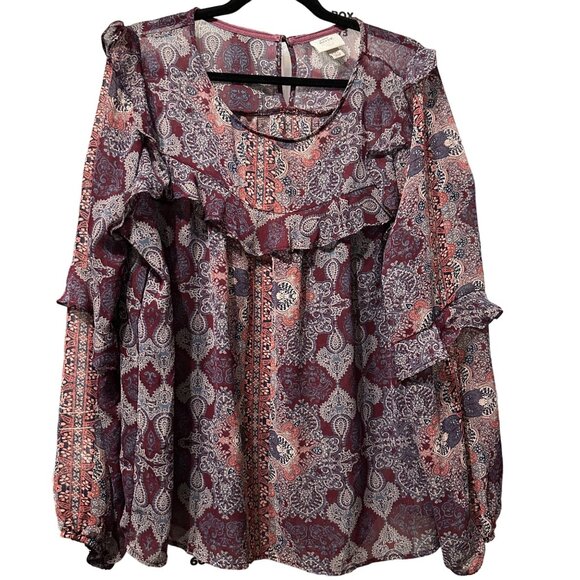 Knox Rose size XXL purple print semi sheer ruffles Boho long sleeve top - Picture 1 of 8